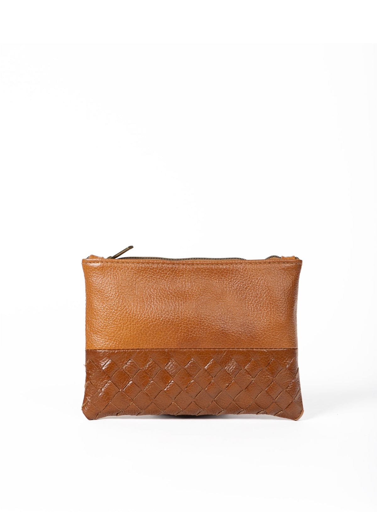 Cognac leather pouch with woven detail on a white background
