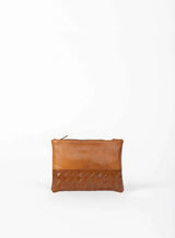 small pouch from ethically crafted accessories in cognac showcasing front view.