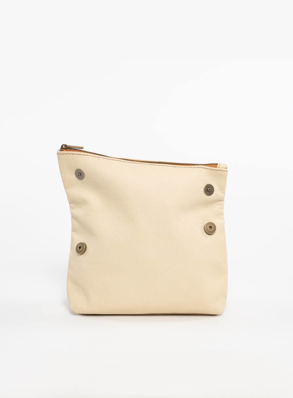 Beige makeup bag with two snap closure on a white background
