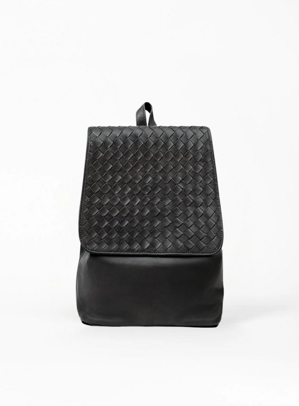 woven backpack in black from spring collection front view.