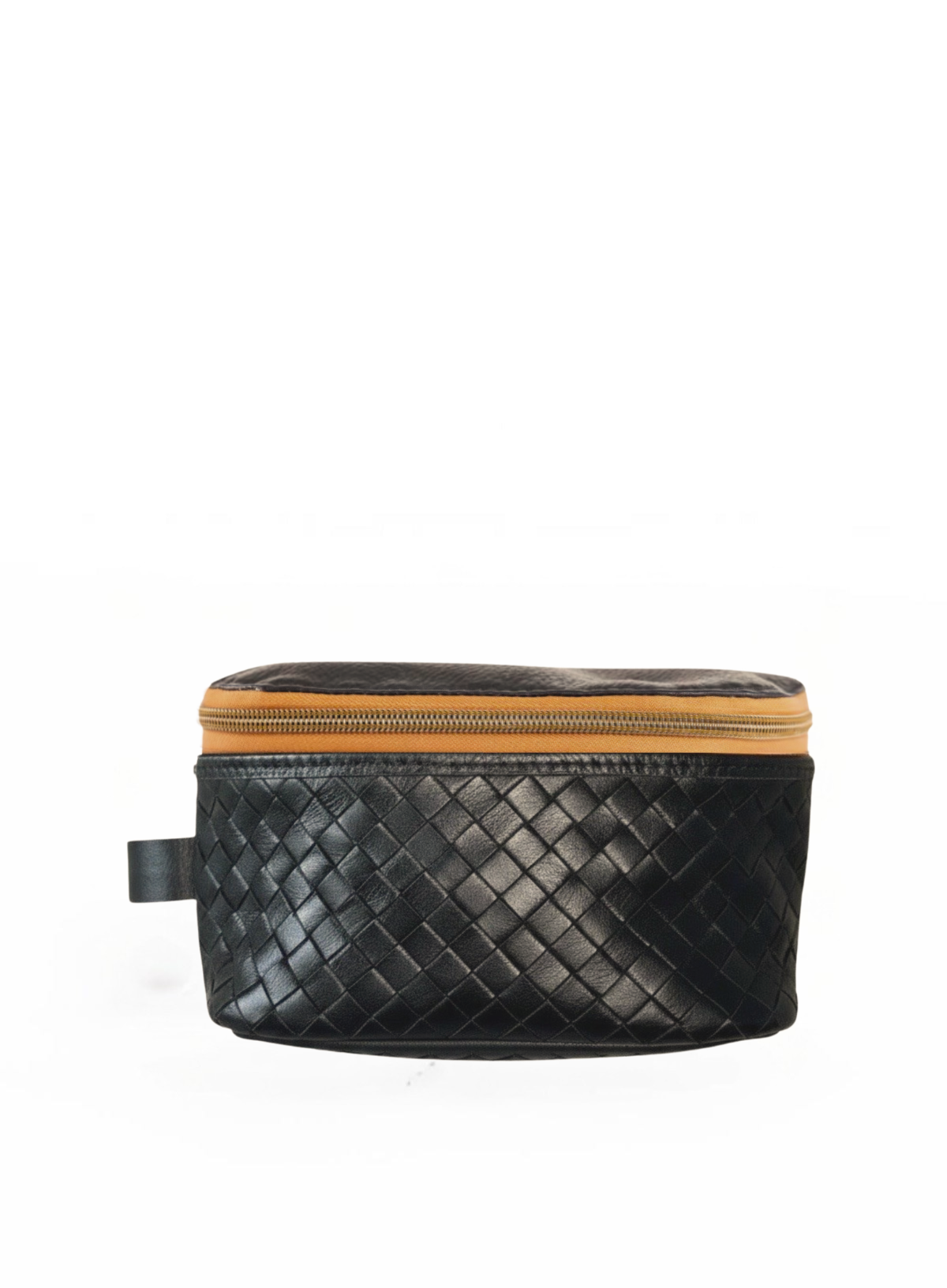 A black woven leather zippered pouch with a tan zipper trim and a small black loop tab on the left side, shown against a plain white background.