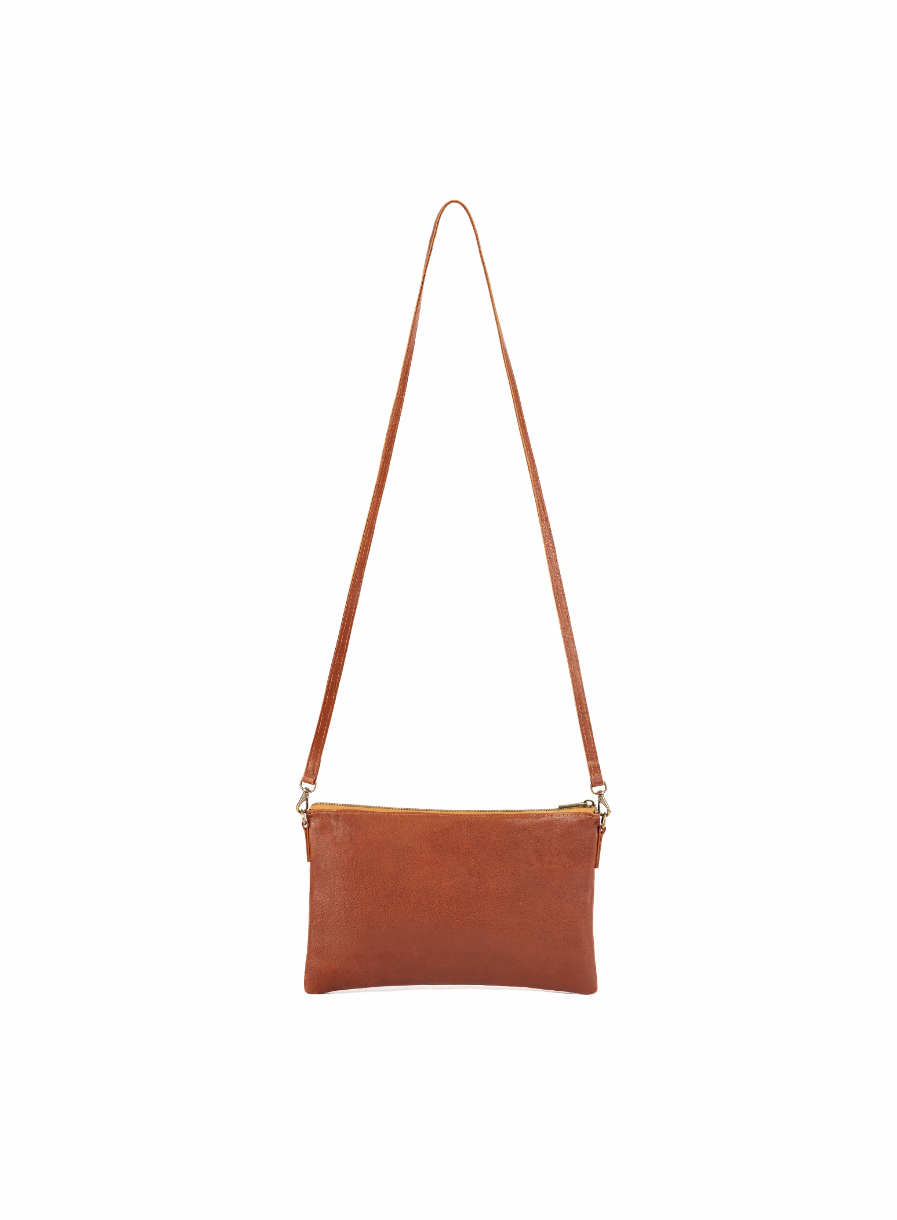 Brown leather crossbody bag on a white background