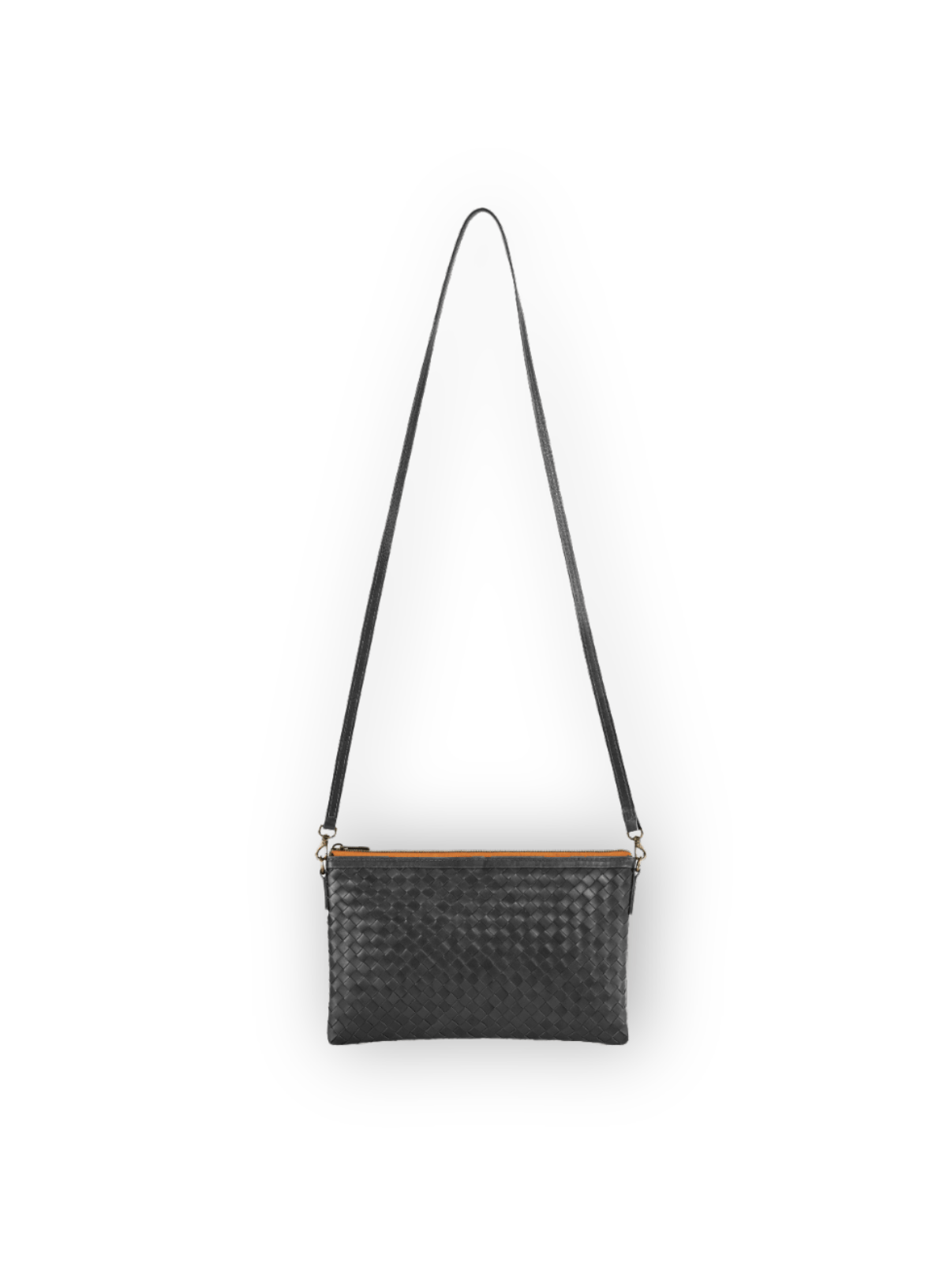 Black woven crossbody bag, front view with strap.
