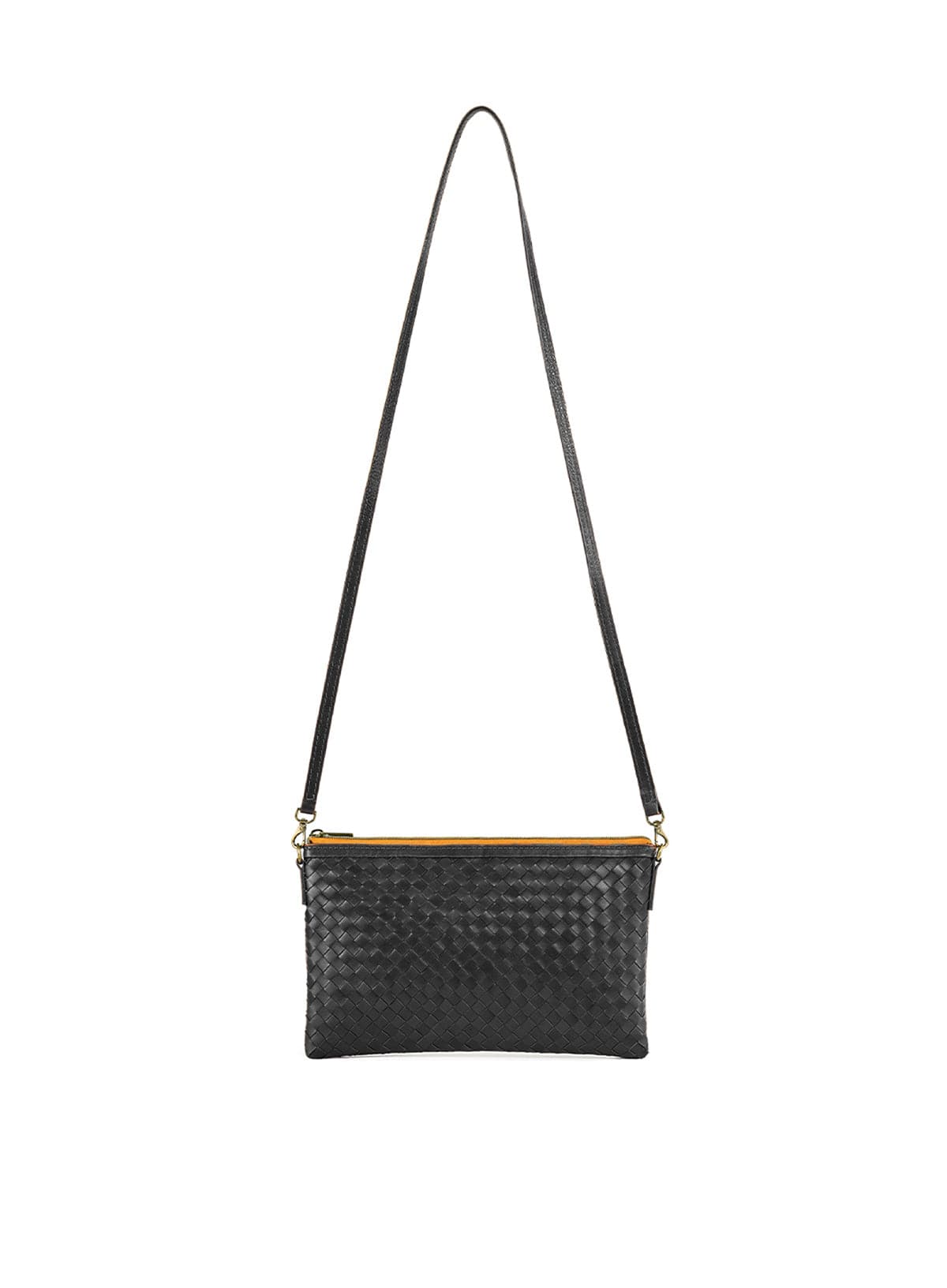 Black woven handbag with a strap on a white background