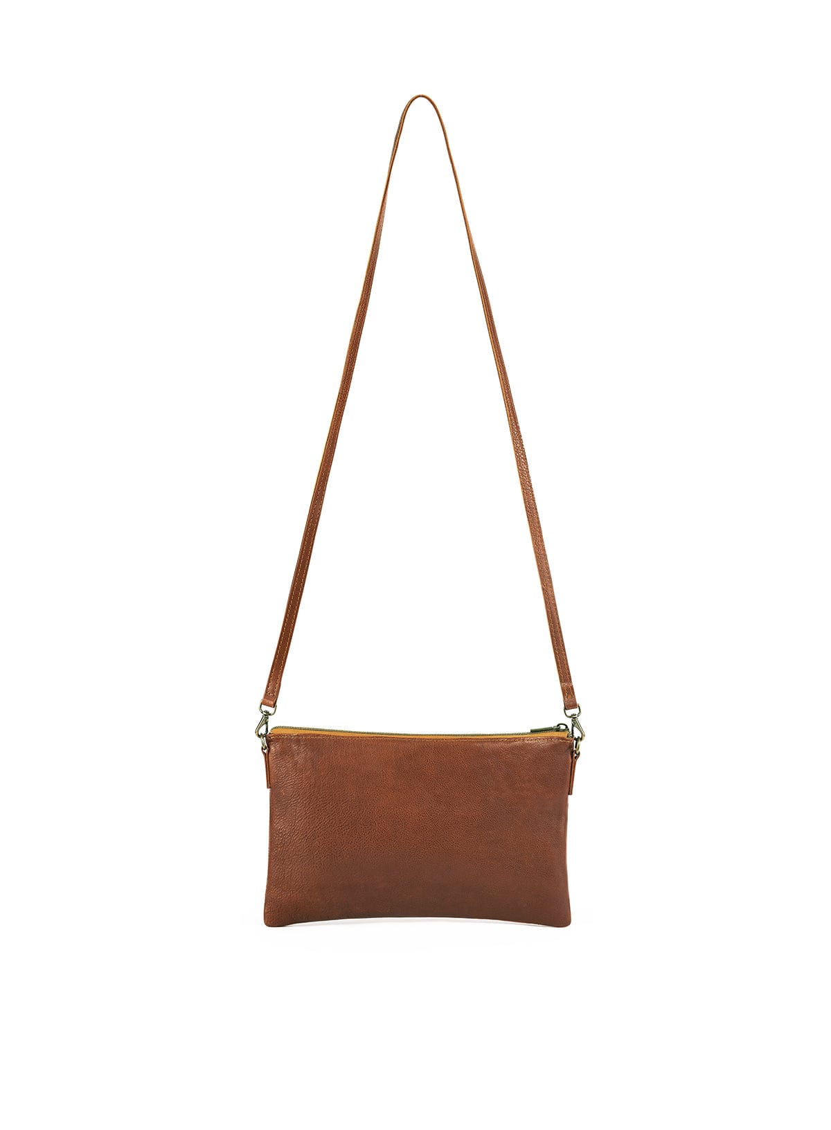 Brown leather crossbody and clutch bag on a white background