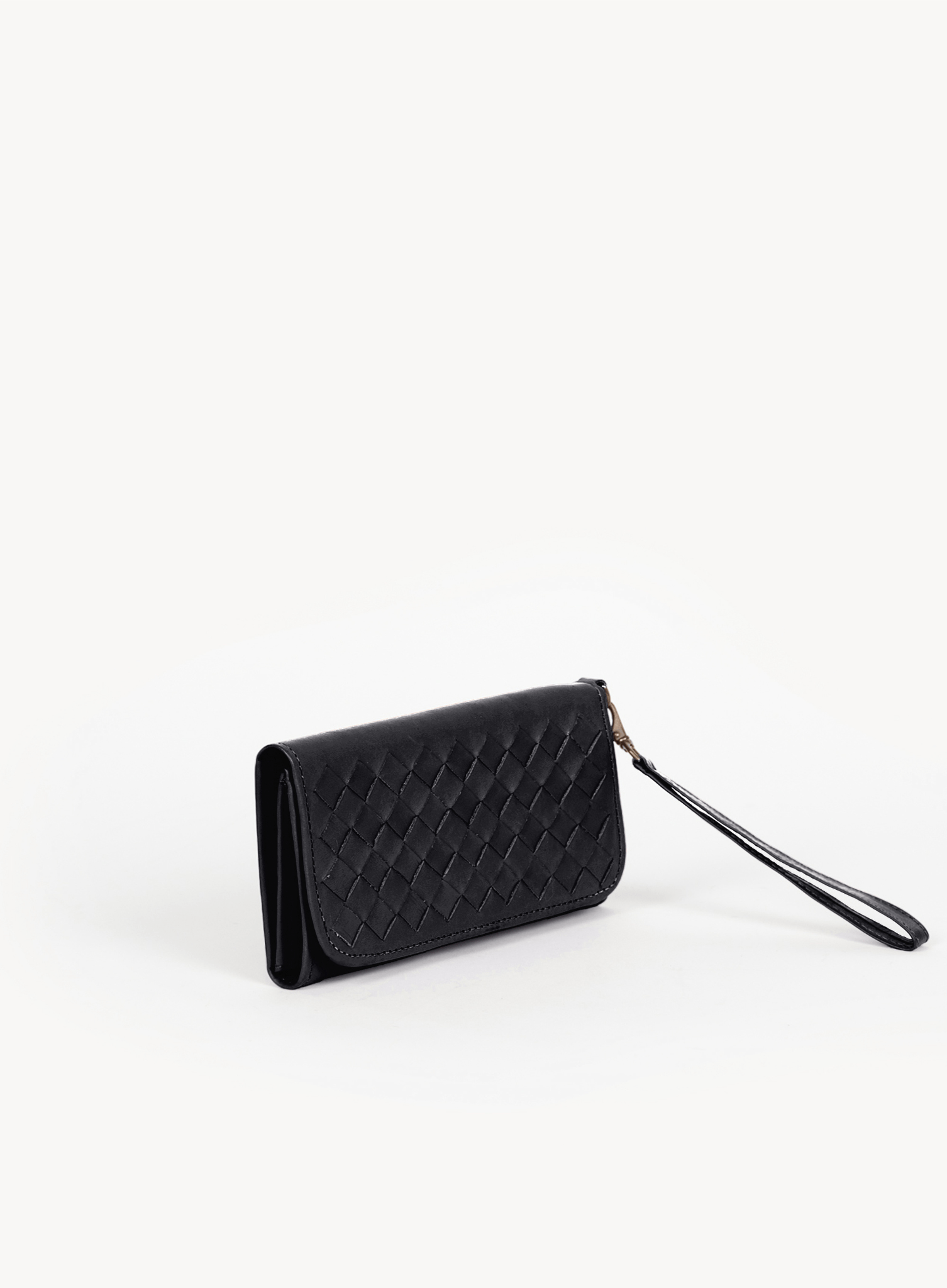 Black woven wallet with a strap on a white background