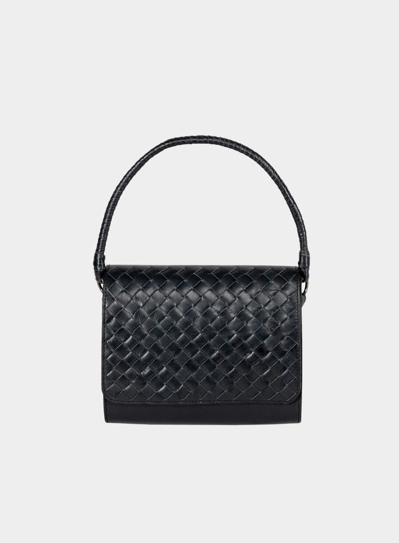 Ideal Crossbody with leather wrapped handle on womens weaved handbag in black showcasing front view.