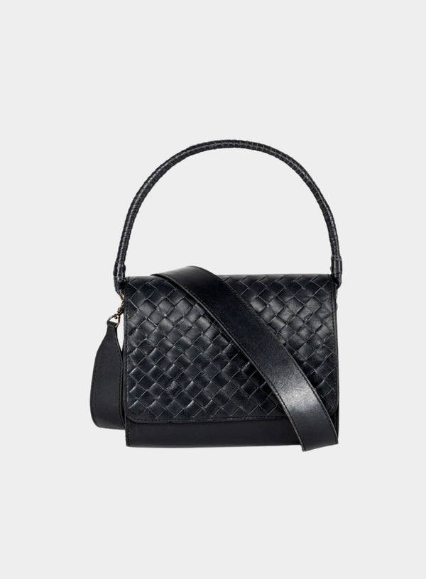 Ideal Crossbody with additional strap on womens weaved handbag in black showcasing front view.