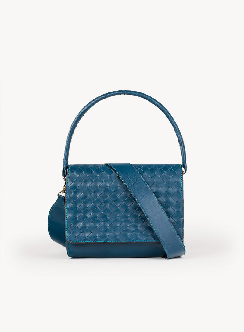 Ideal Crossbody with additional strap on womens weaved handbag in blue showcasing front view.