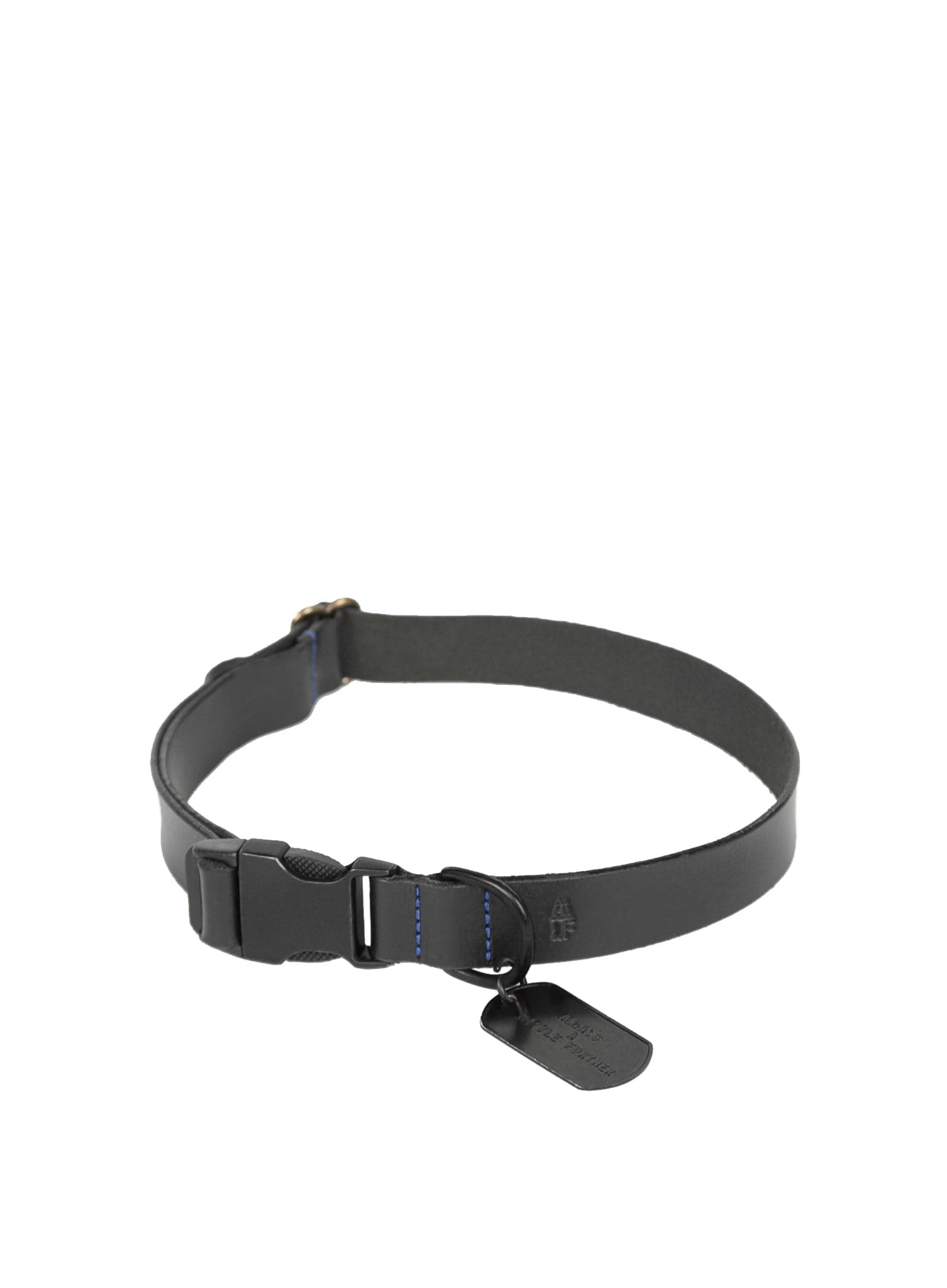 alf dog collar in black with tag front view.