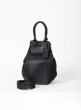 all day leather tote in black from our womens together collection showcasing it closed at the sides front view.