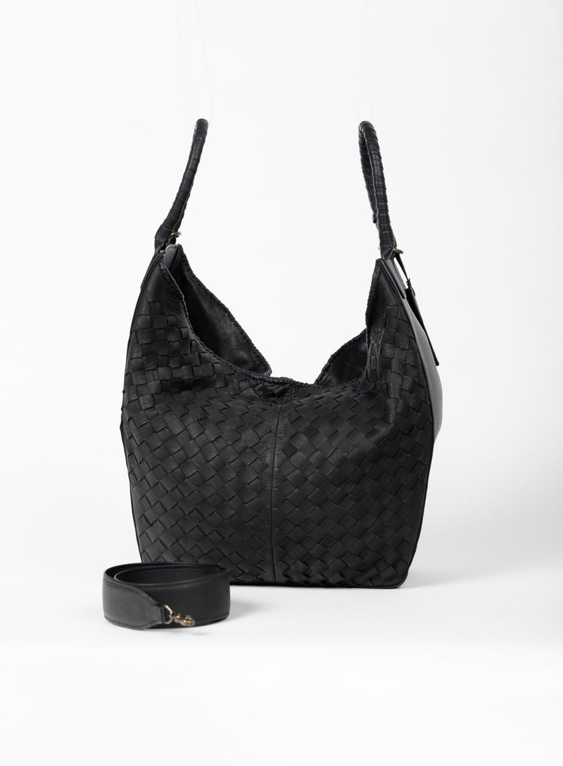 all day leather tote in black from our womens together collection showcasing it open side view.
