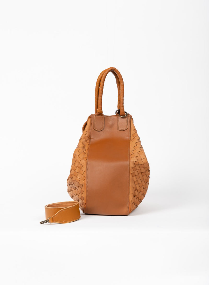 all day leather tote in camel from our womens together collection showcasing it closed at the sides front view.