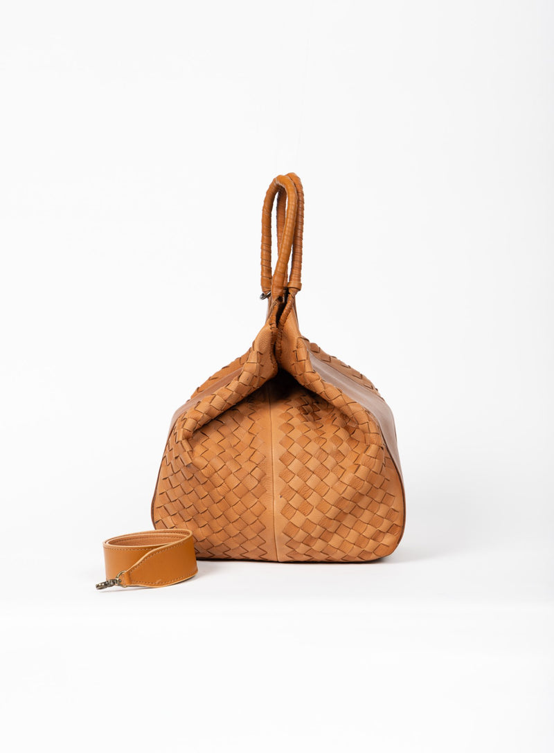 all day leather tote in camel from our womens together collection showcasing it closed side view.