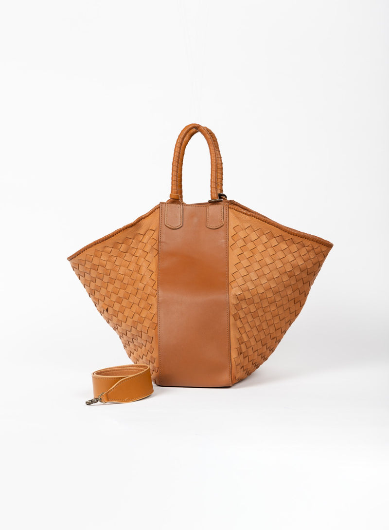 all day leather tote in camel from our womens together collection showcasing front view.