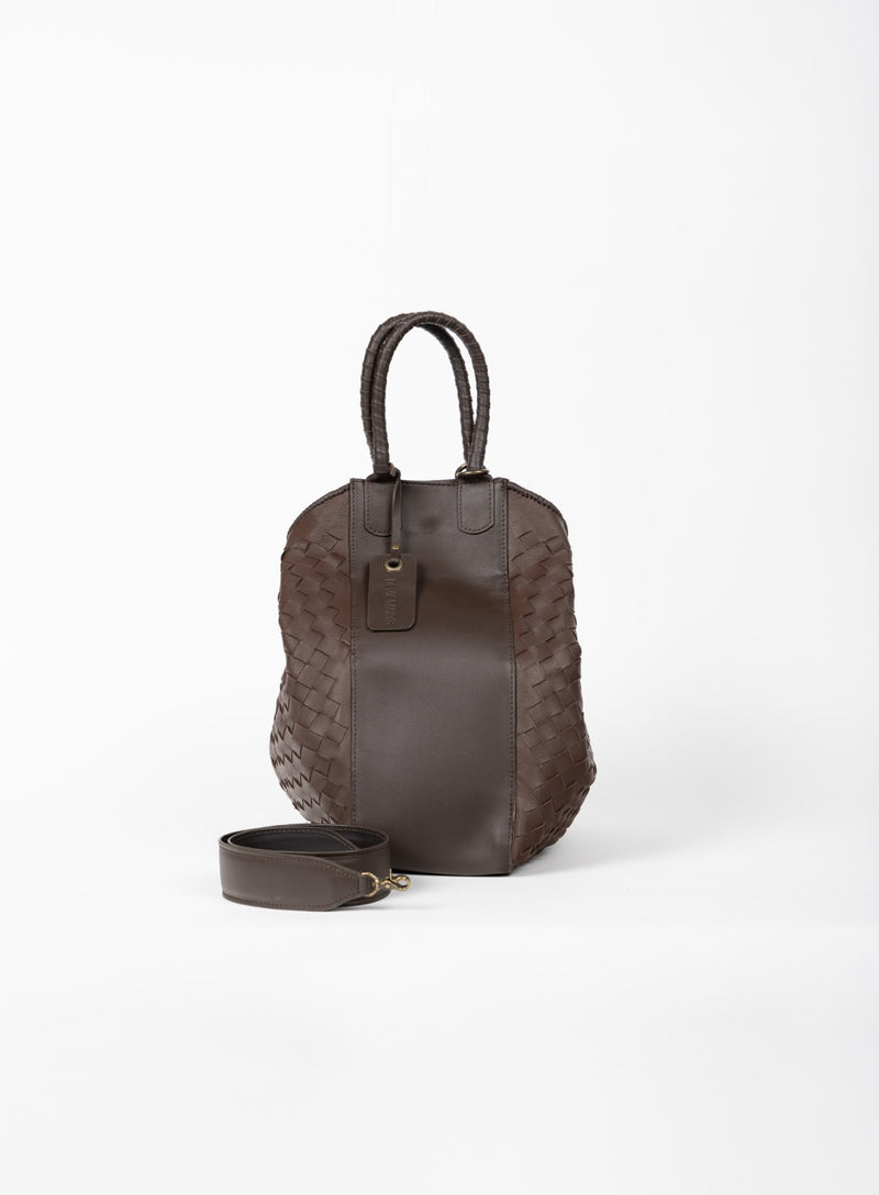 all day leather tote in brown from our womens together collection showcasing it closed at the sides front view.