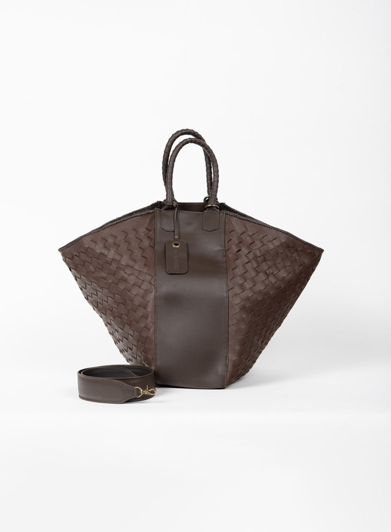 all day leather tote in brown from our womens together collection showcasing front view.