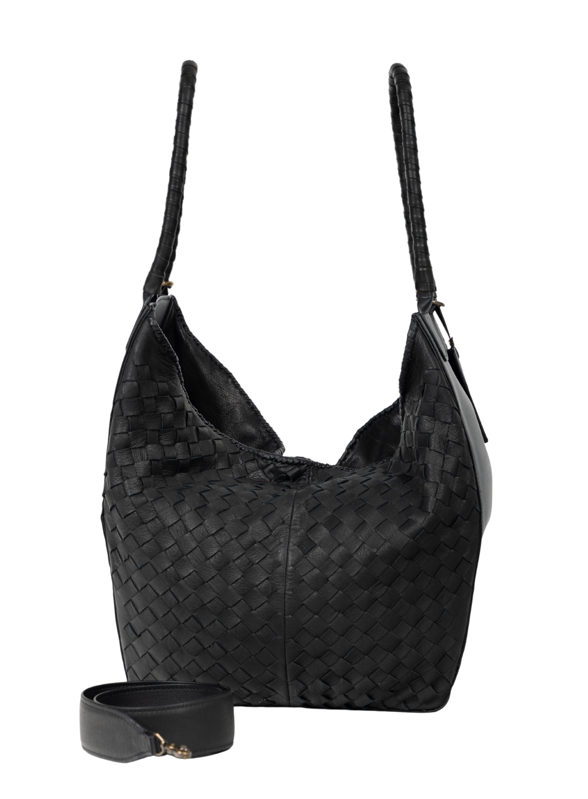 Black woven leather hobo shoulder bag with a matching detachable shoulder strap, displayed on a clean white background.