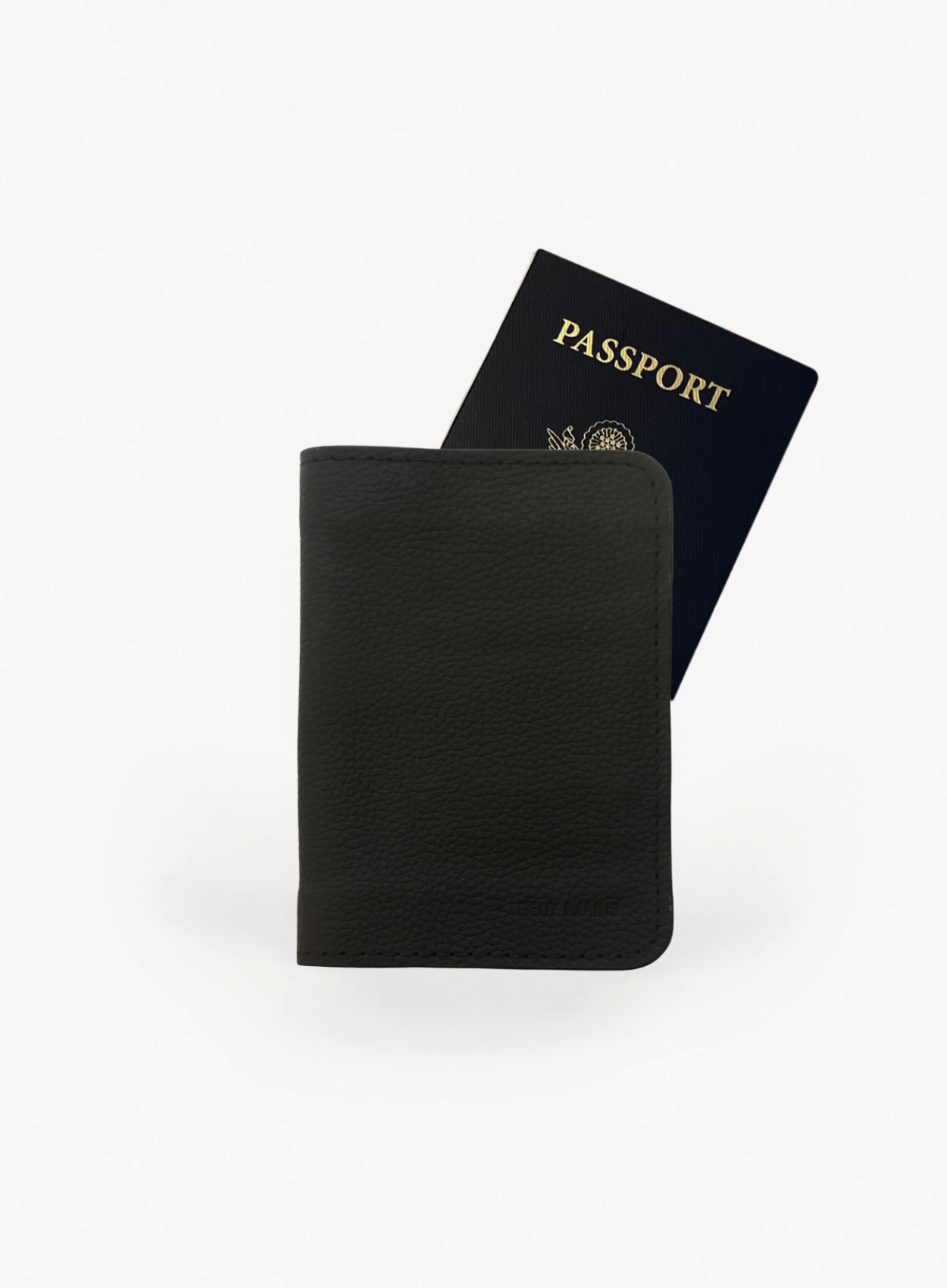 Black leather passport holder with passport