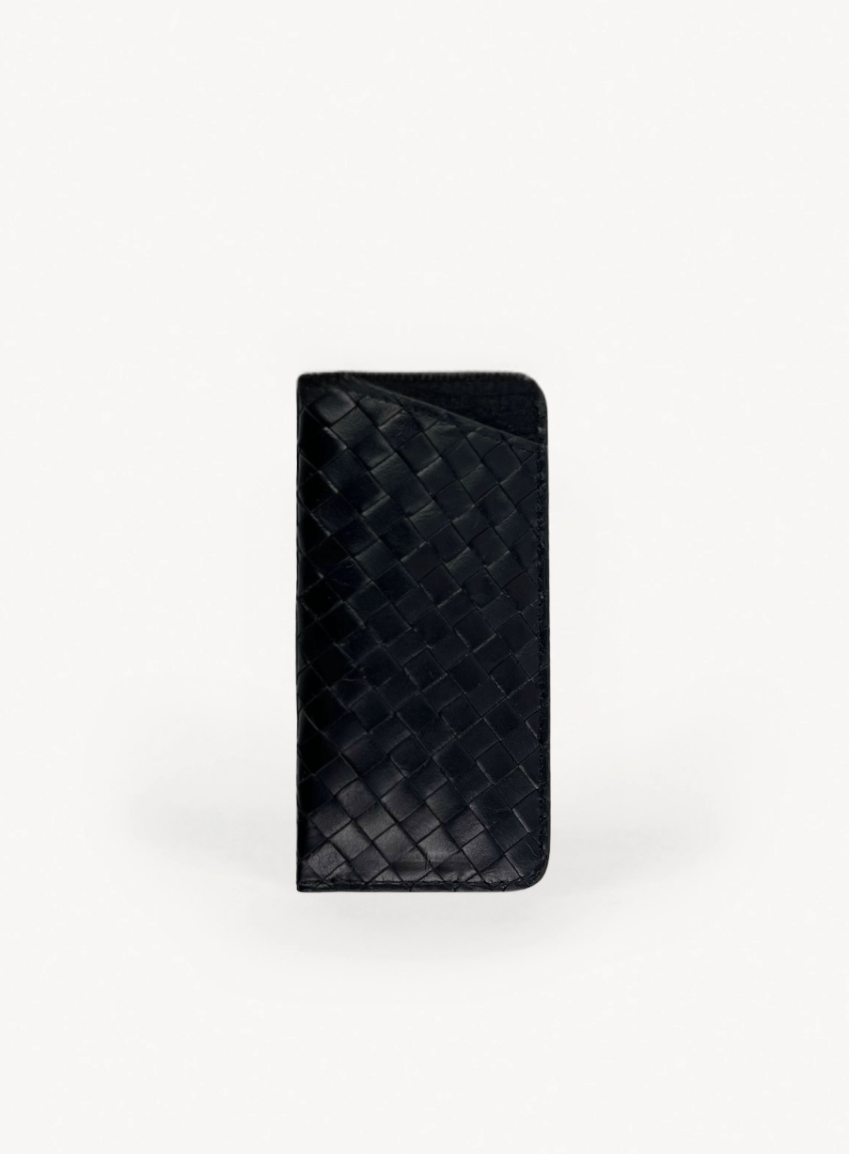 Black woven glasses case, front view.