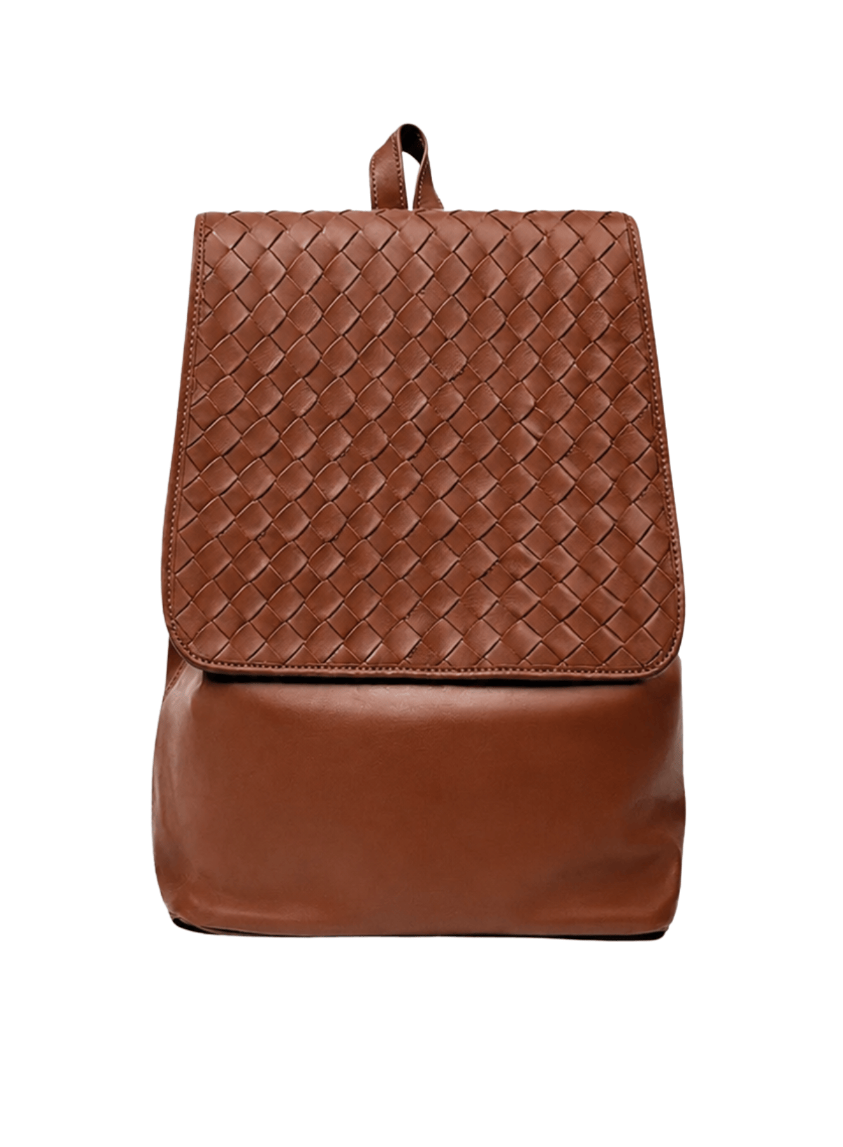 Brown woven leather backpack on a white background