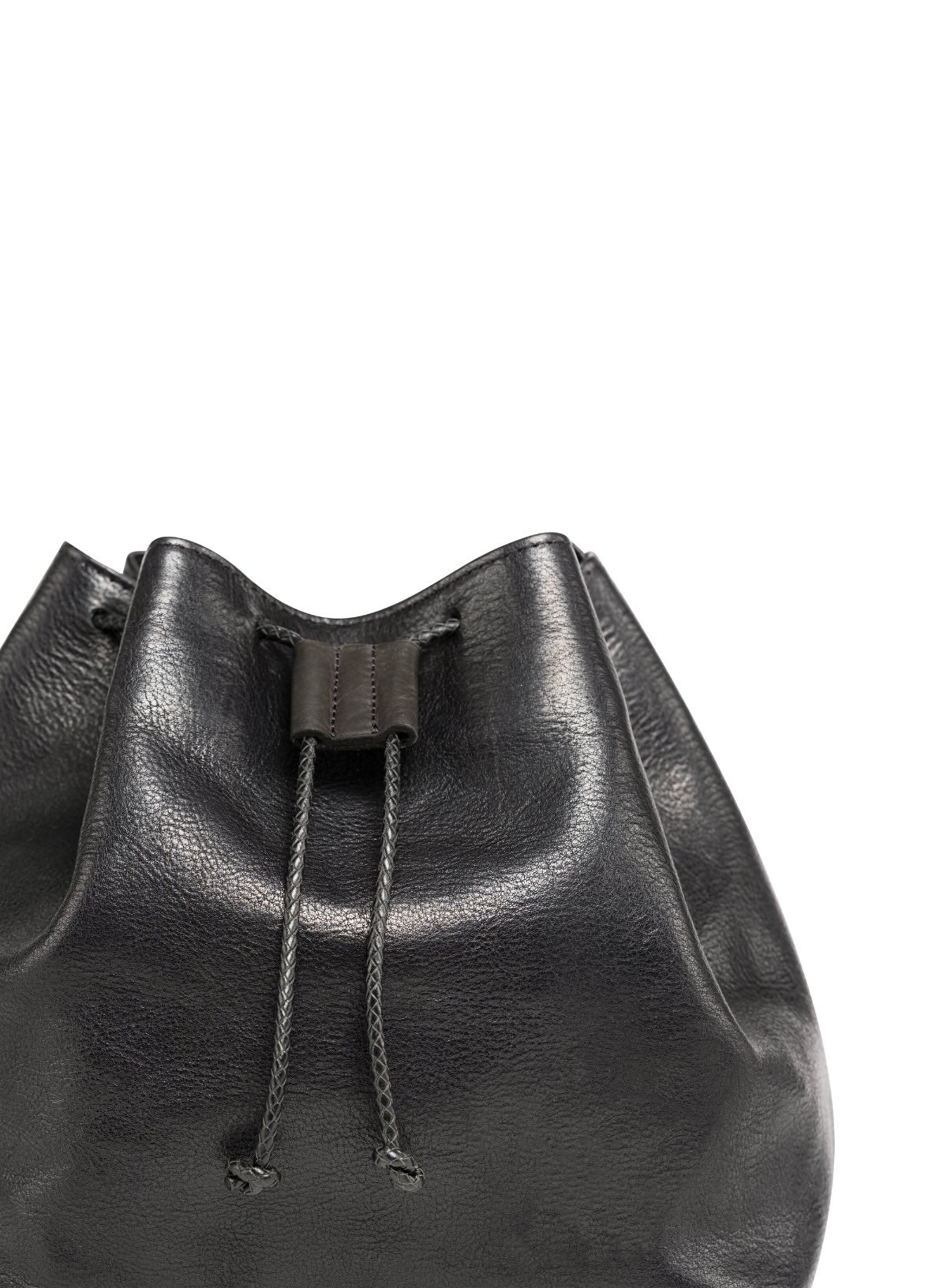 womens leather bucket bag in black from fall collection showcasing close up of drawstring closure.