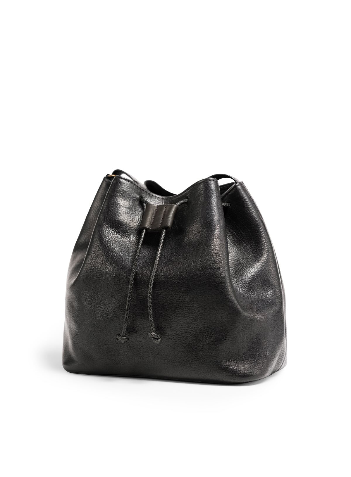 womens leather bucket bag in black from fall collection showcasing detailed side view.