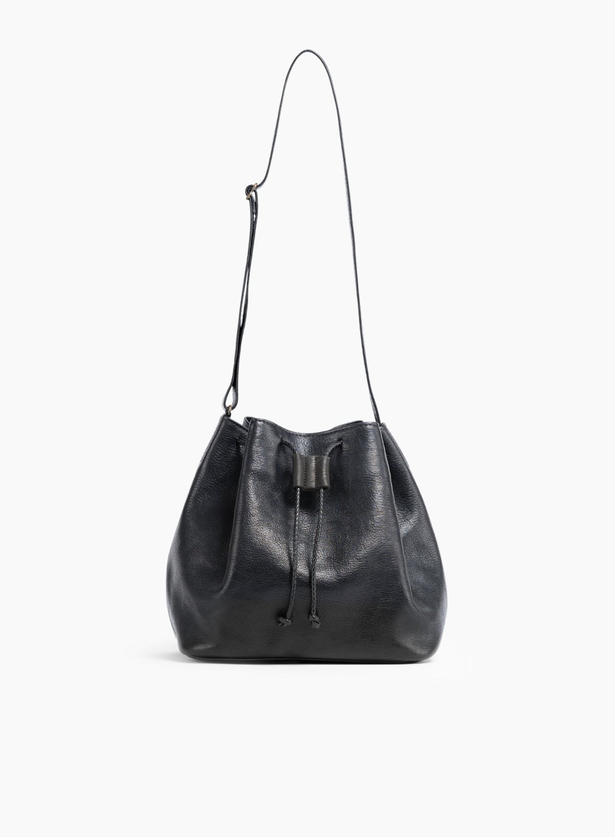 womens leather bucket bag in black from fall collection showcasing front view.