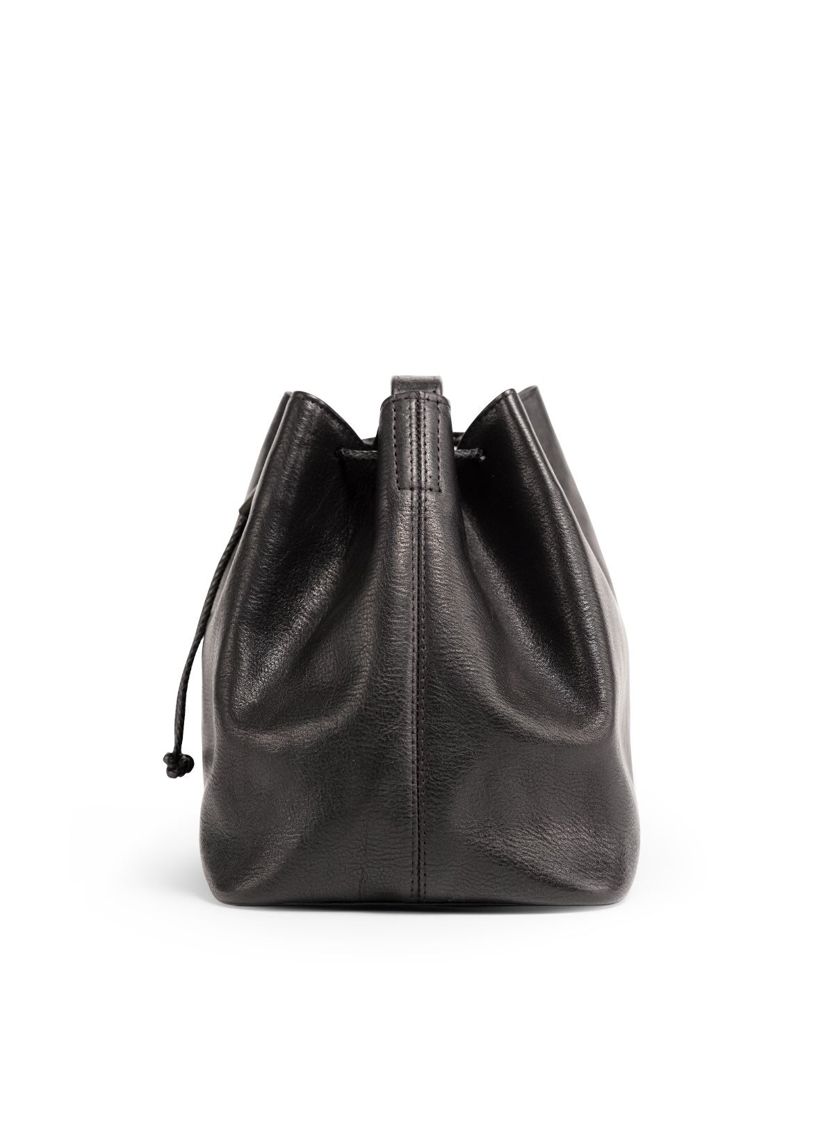 womens leather bucket bag in black from fall collection showcasing side view.