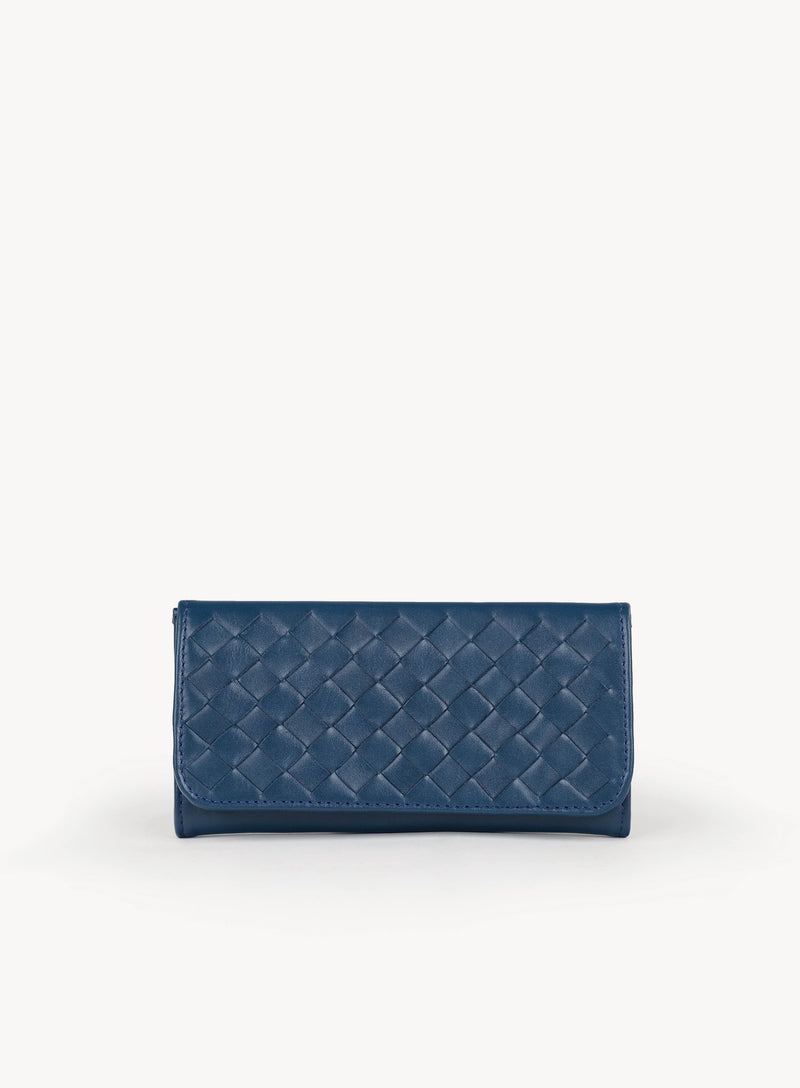 Classic Taupe Trifold Wallet showcasing front view in blue, a timeless and functional accessory for your everyday essentials.