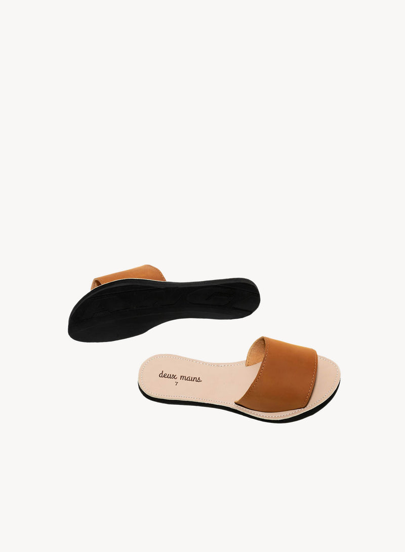 Beneath Classic Cognac Leather Slide Sandal - Timeless Footwear for Comfort and Style.
