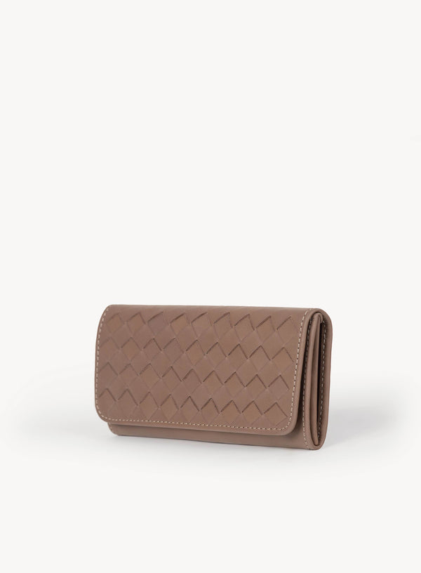 Classic Taupe Trifold Wallet showcasing side view, a timeless and functional accessory for your everyday essentials.