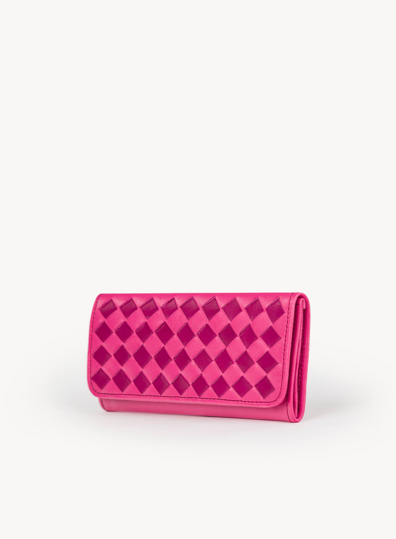 trifold wallet in fuchsia pink for spring sale - side view.