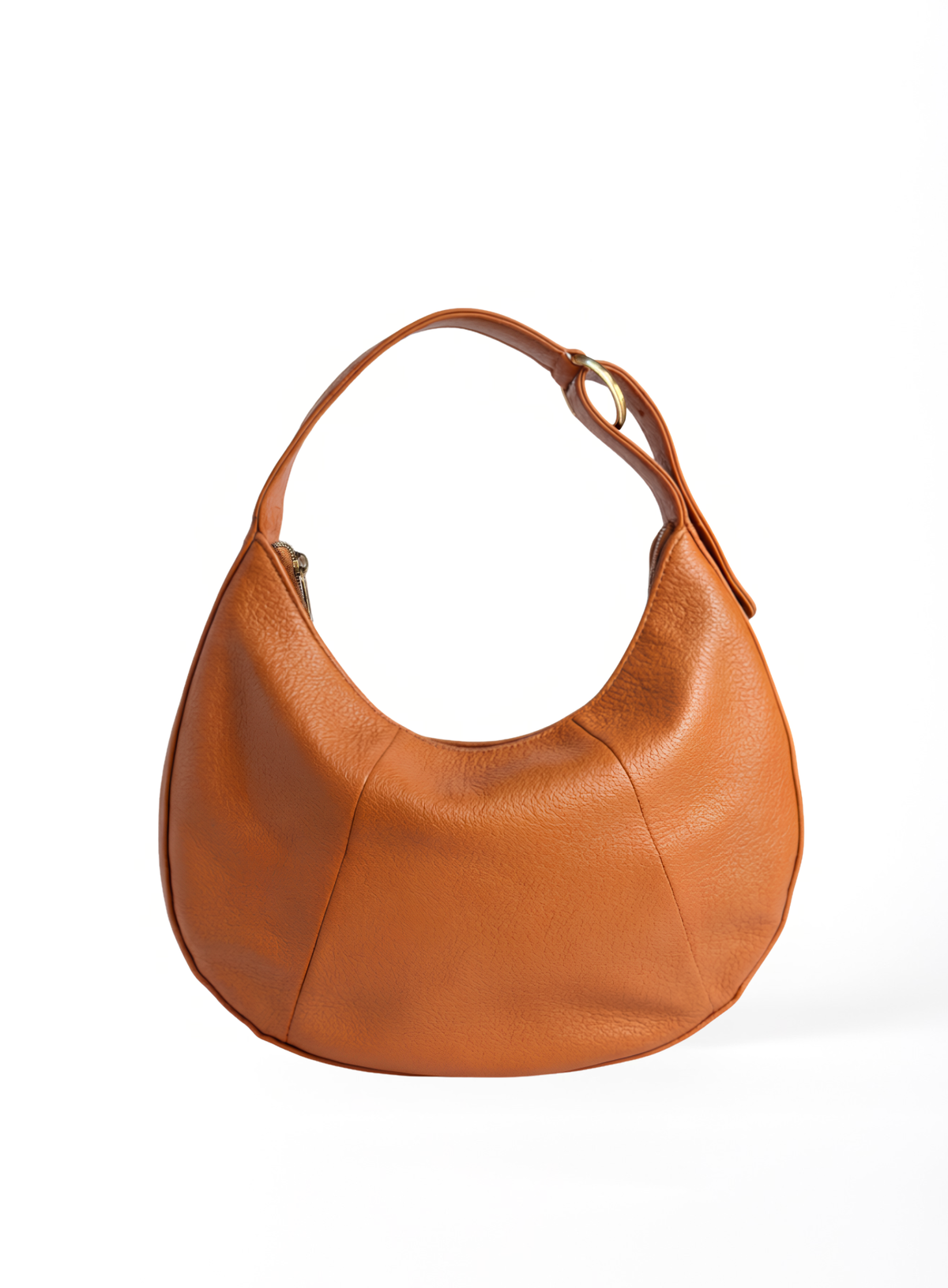 A warm tan leather hobo shoulder bag with a single strap and gold-tone hardware, photographed on a clean white background.