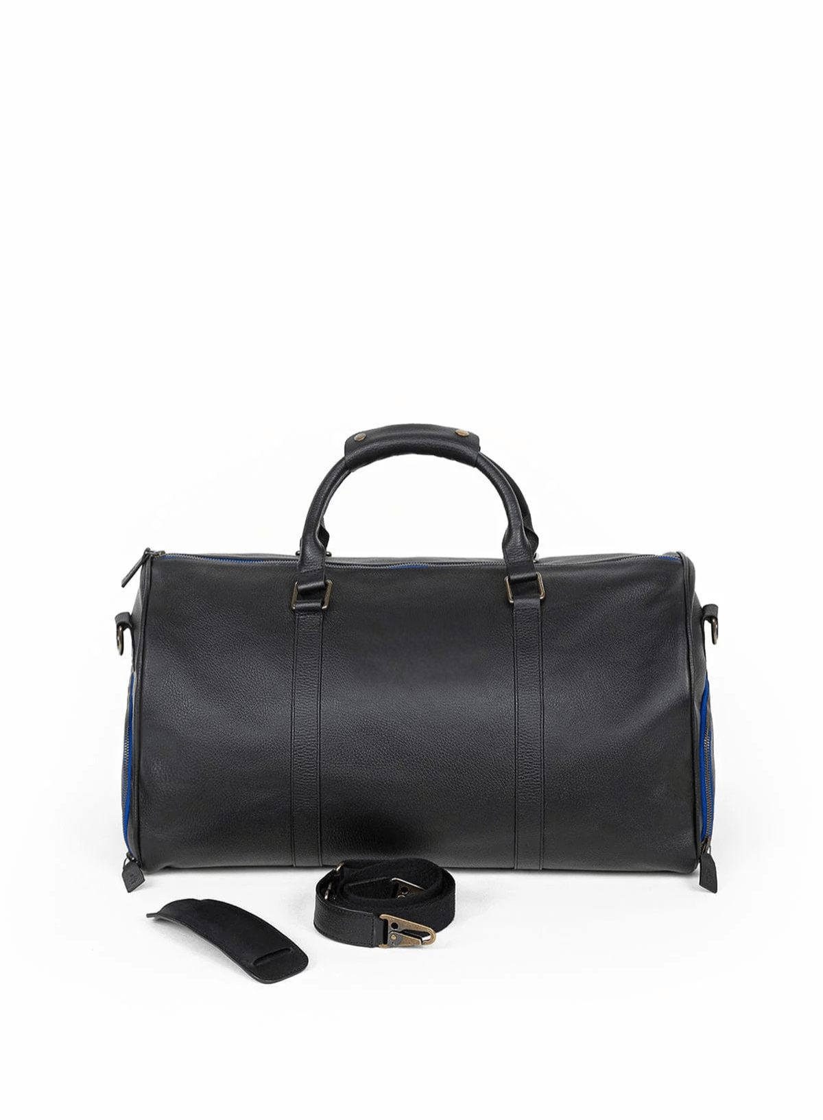 Black leather duffel bag with strap on a white background