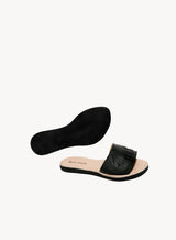 Fringe slide sandal from the sandal collection in black revealing the insole.
