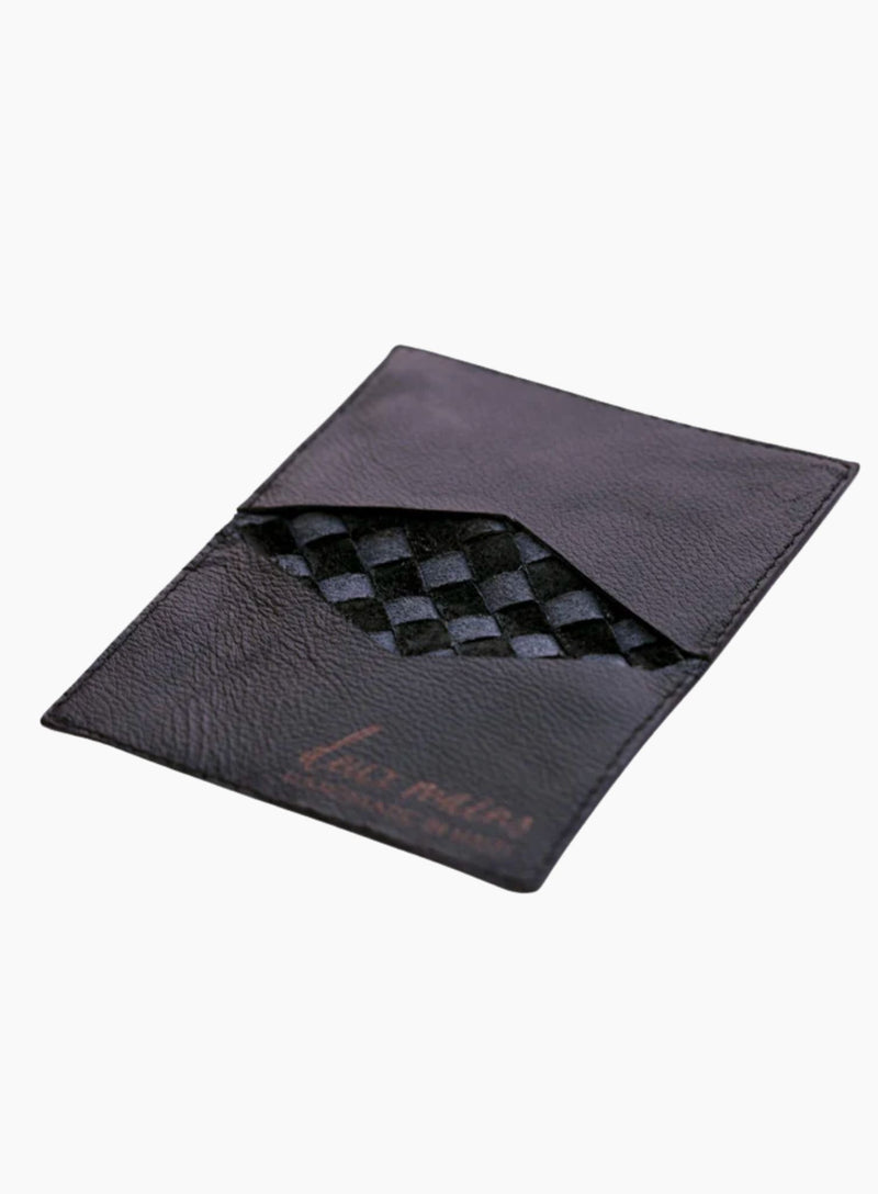 handwoven leather card holder in black interior-view.