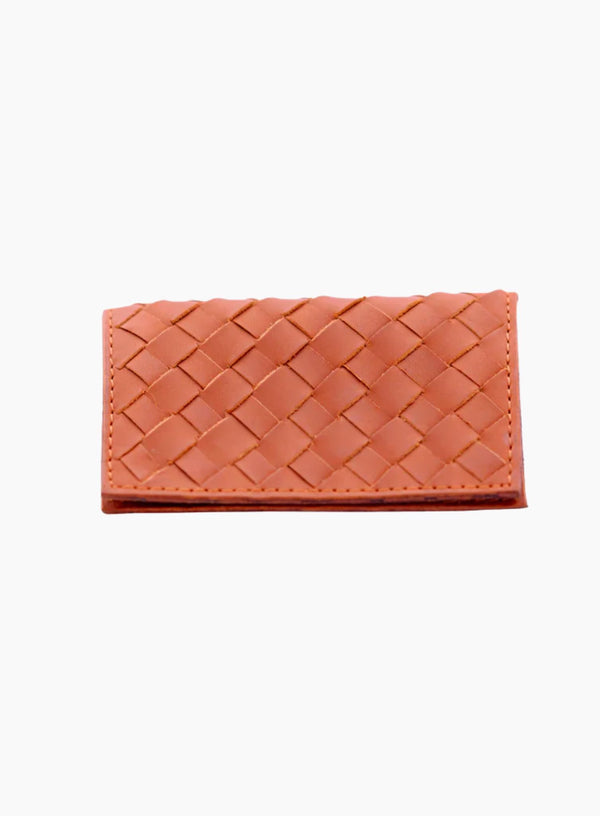 handwoven leather card holder in orange front-view.