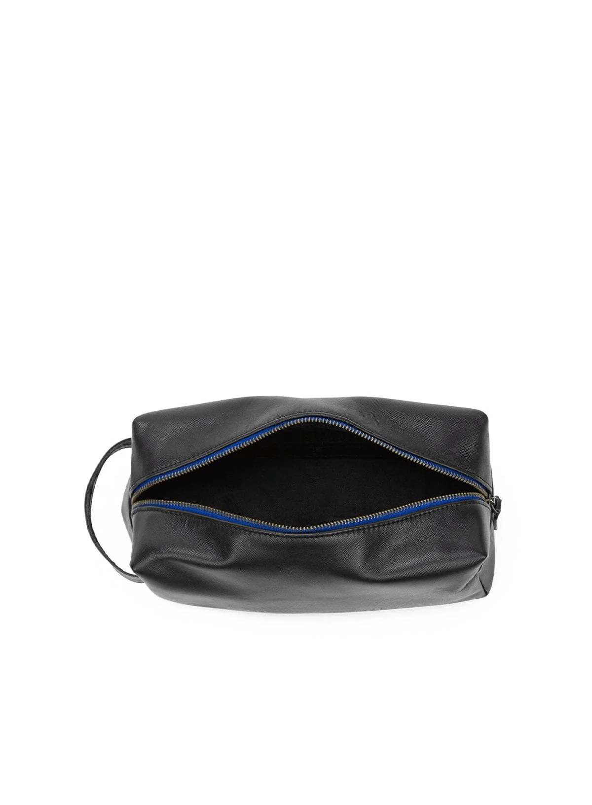 Black leather toiletry bag with blue interior on a white background