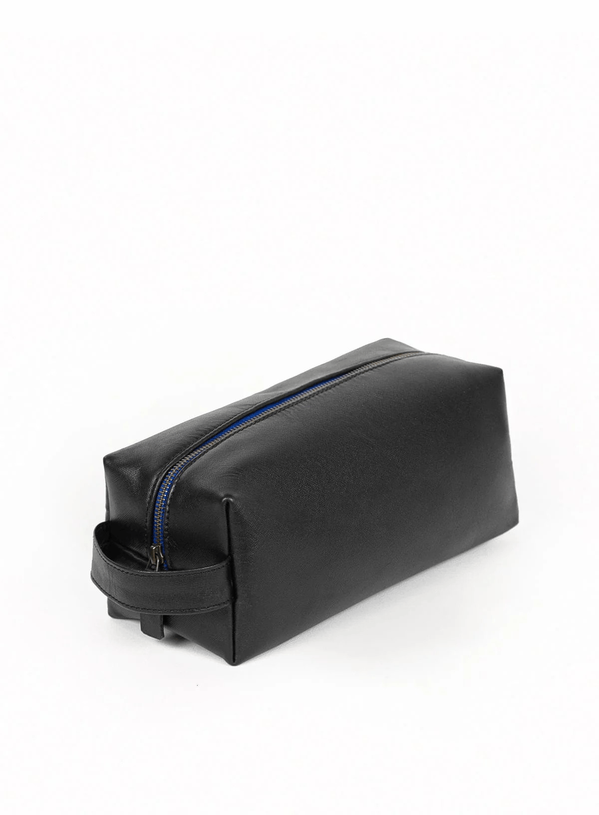 Black toiletry bag with blue zipper on a white background