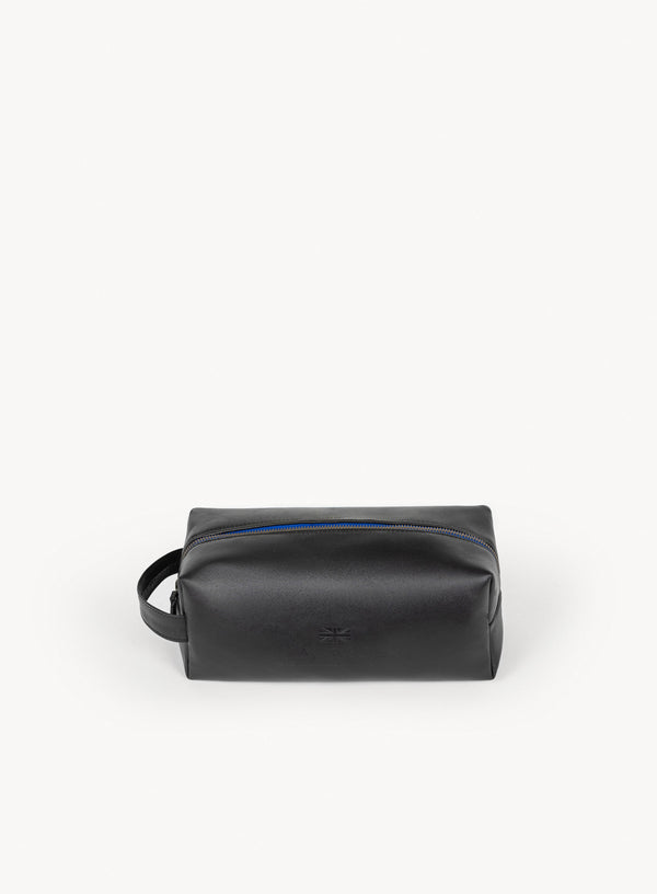  iron tight toiletry bag in black showcasing blue stitching and handle front-view.