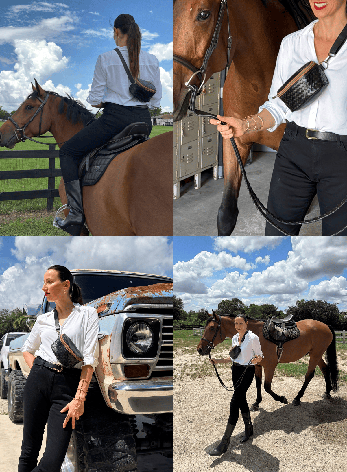 A four-panel collage showing a woman in equestrian attire outdoors with a horse, including riding, leading, standing beside, and posing with the horse. The visible product appears to be the black crossbody bag worn in all scenes, styled with a white shirt and black riding pants.