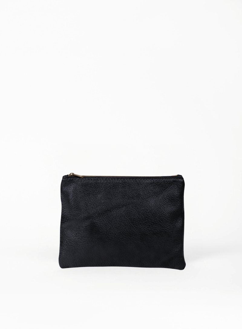 large pouch from ethically crafted accessories in black showcasing front view.