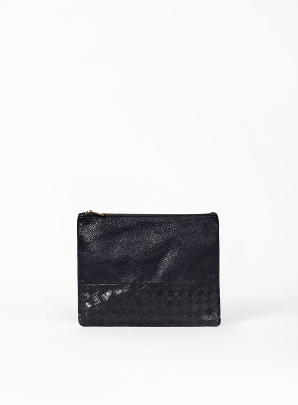 large pouch from ethically crafted accessories in black showcasing side view.