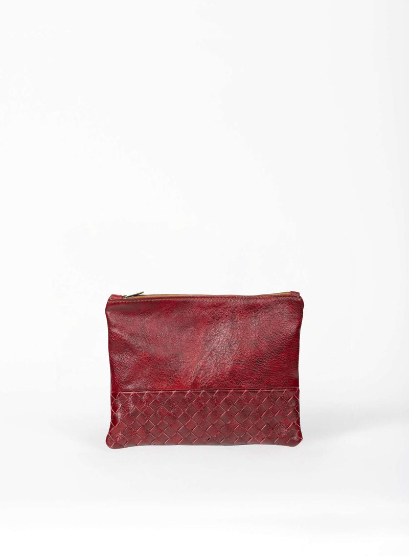 large pouch from ethically crafted accessories in bordeaux showcasing front view.