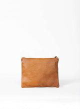 large pouch from ethically crafted accessories in cognac showcasing back view.