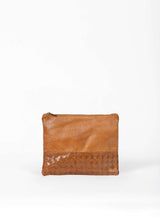 large pouch from ethically crafted accessories in cognac showcasing front view.