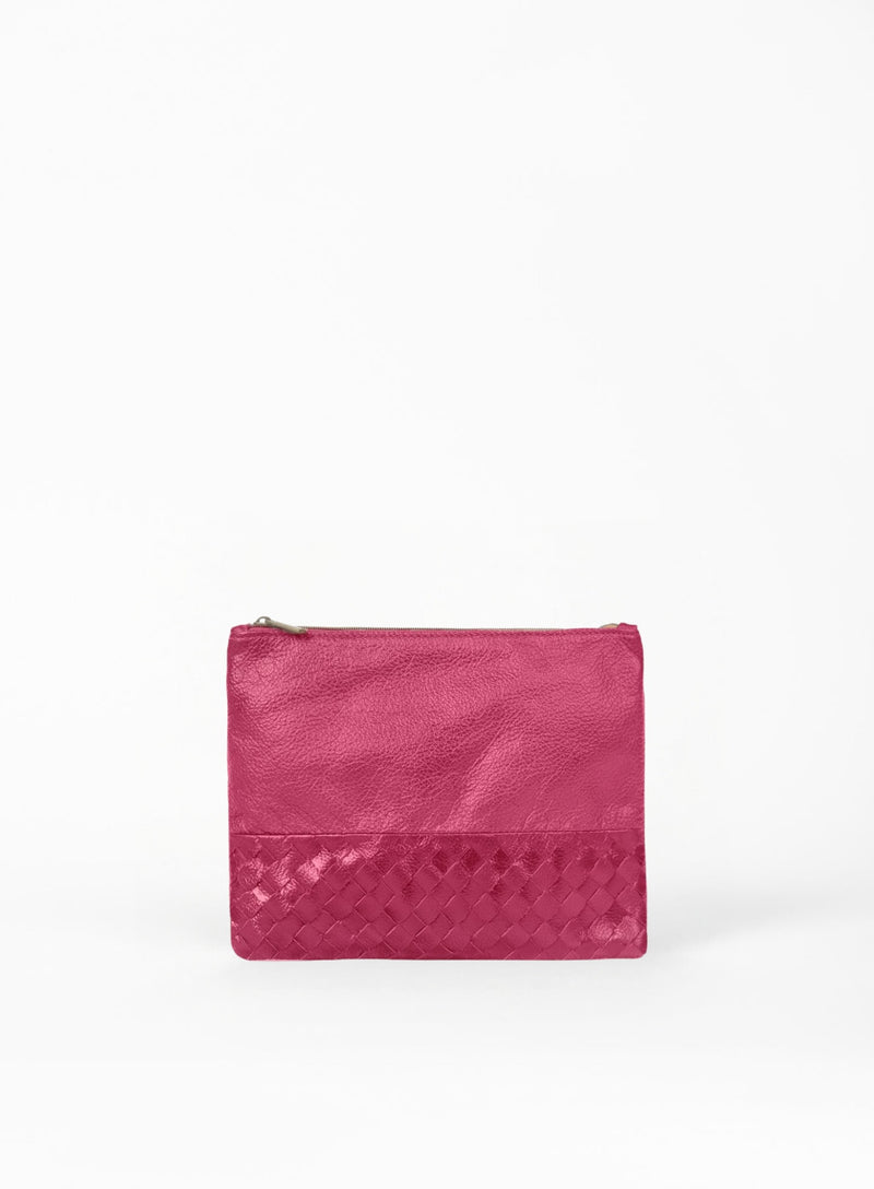 large pouch from ethically crafted accessories in pink showcasing front view.