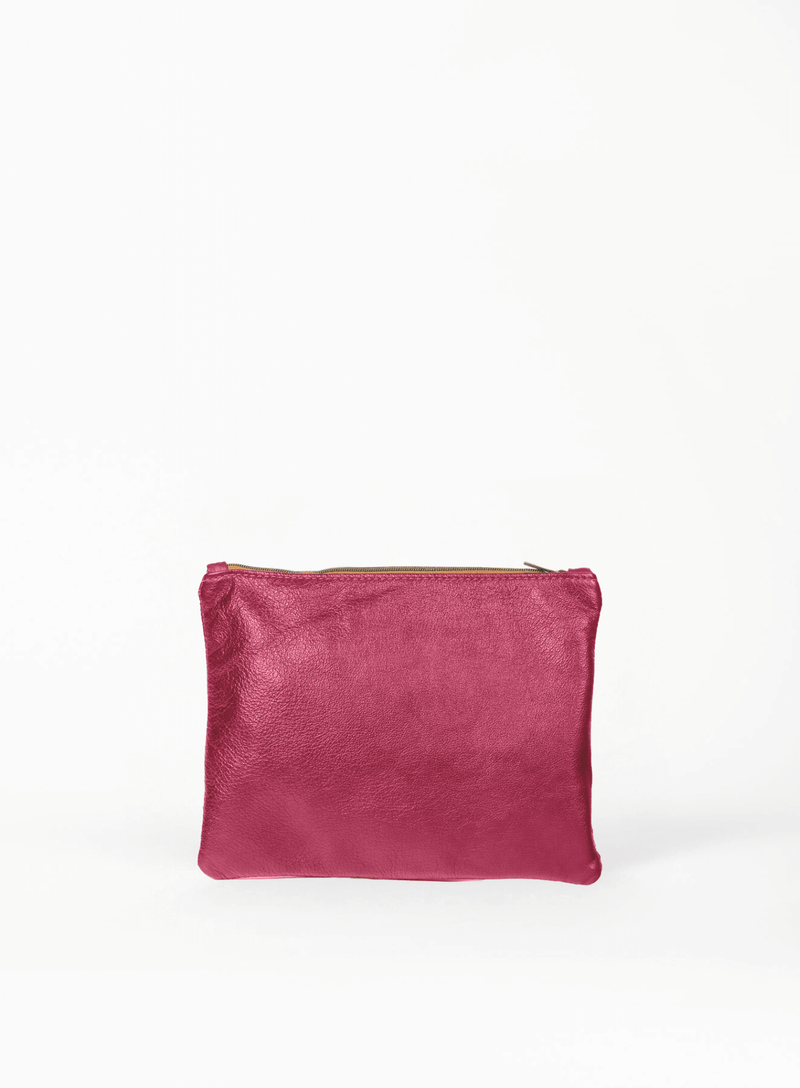 large pouch from ethically crafted accessories in pink showcasing back view.