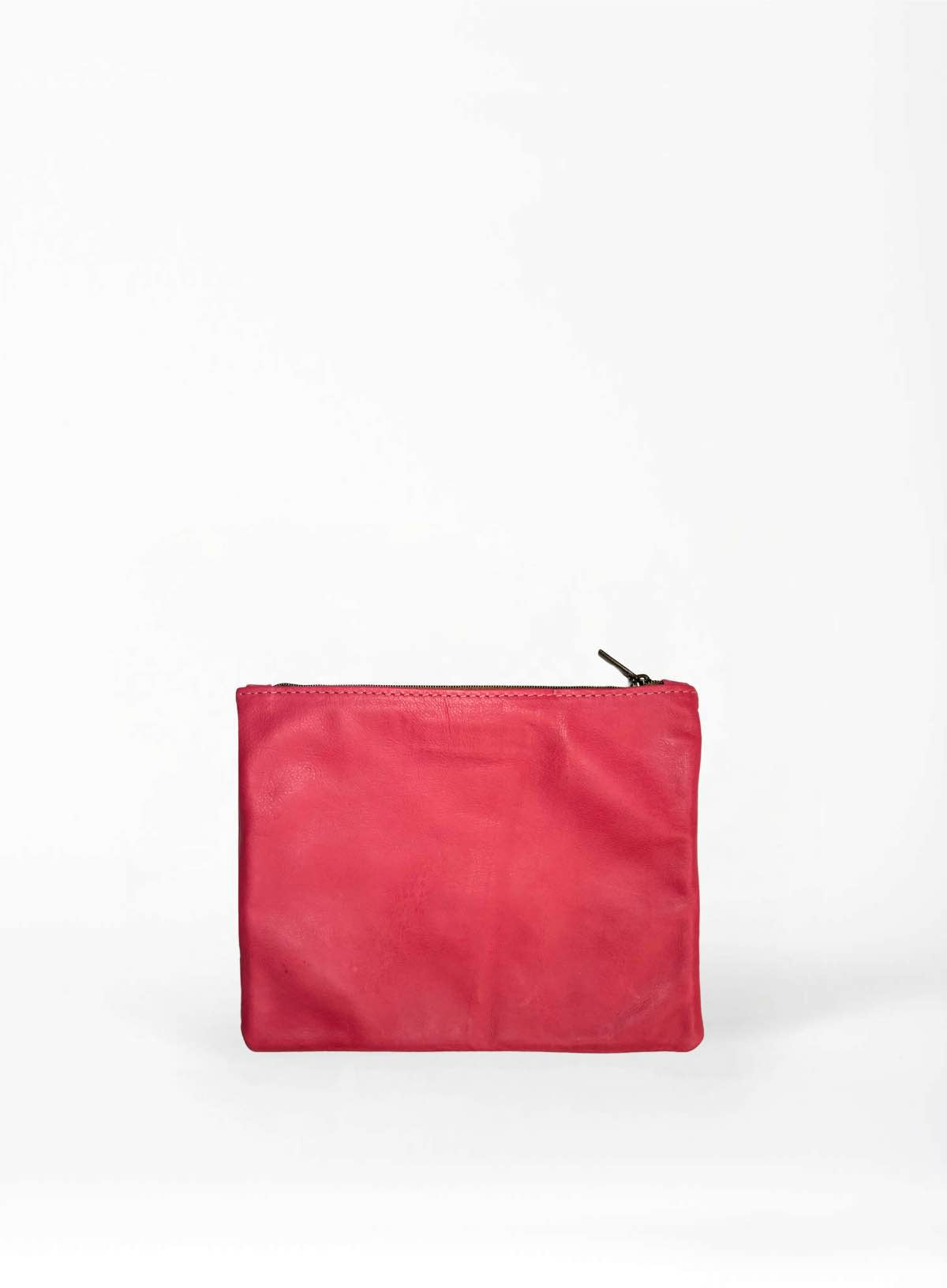 large pouch from ethically crafted accessories in pink showcasing back view.